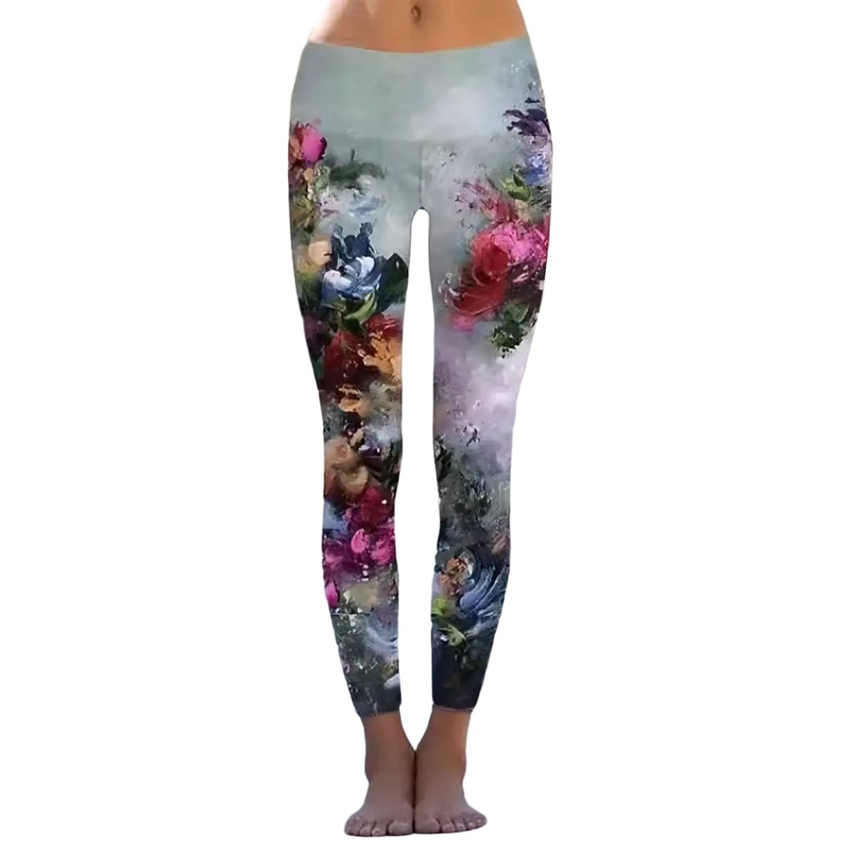 Floral print fleece leggings with soft pastel floral pattern featuring vibrant pink red and blue blossoms on light gray