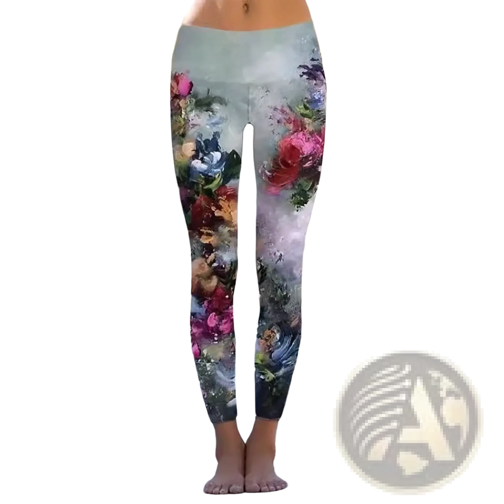 Floral print fleece leggings with soft pastel floral pattern featuring vibrant pink red and blue blossoms on light gray