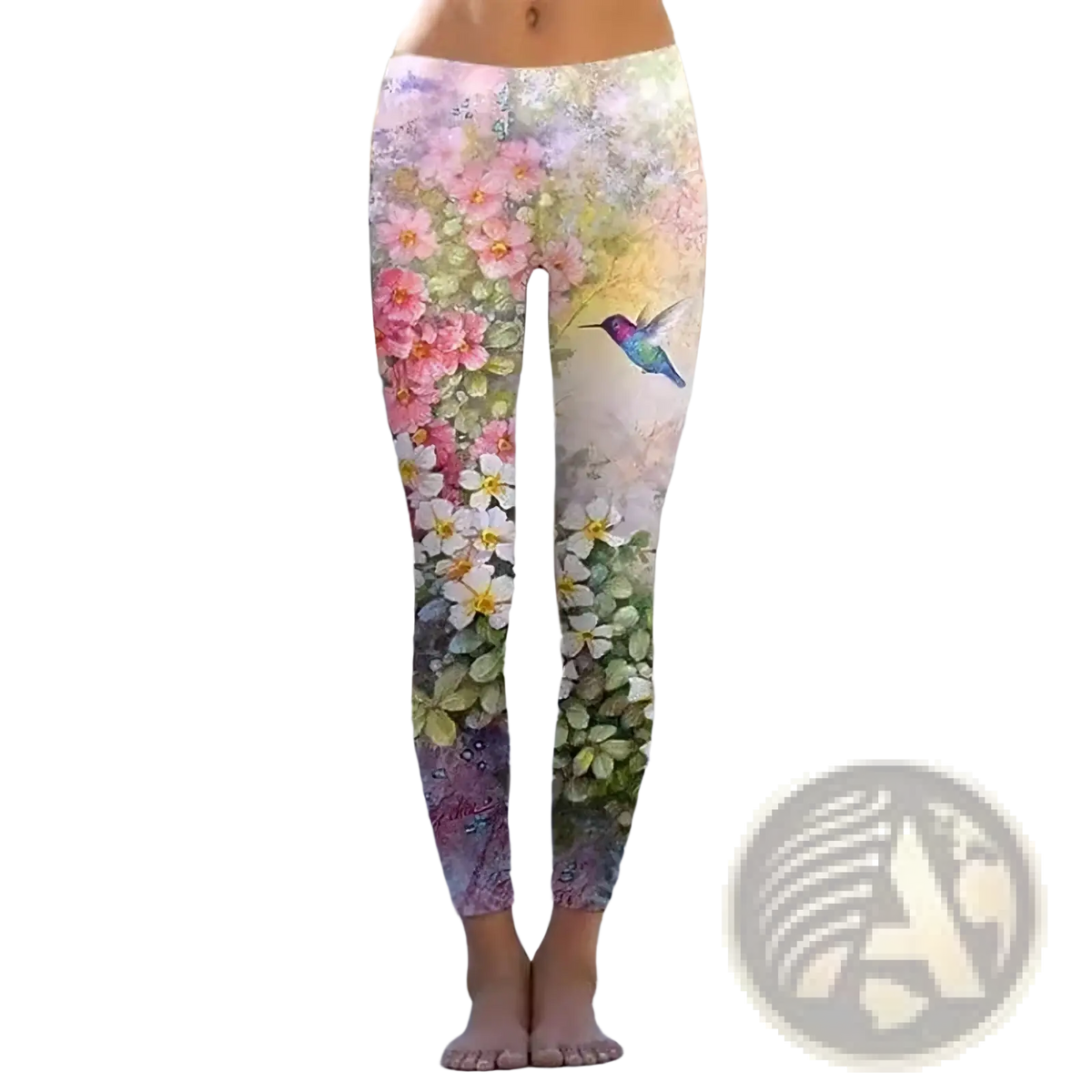 Floral print fleece leggings in pink and white with a vibrant hummingbird design made from stretchy fabric