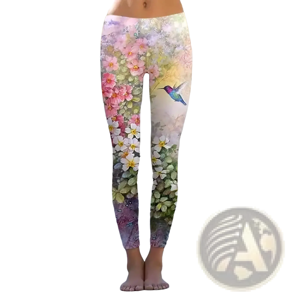 Floral print fleece leggings in pastel colors with hummingbird design made of soft stretchy fabric for comfort