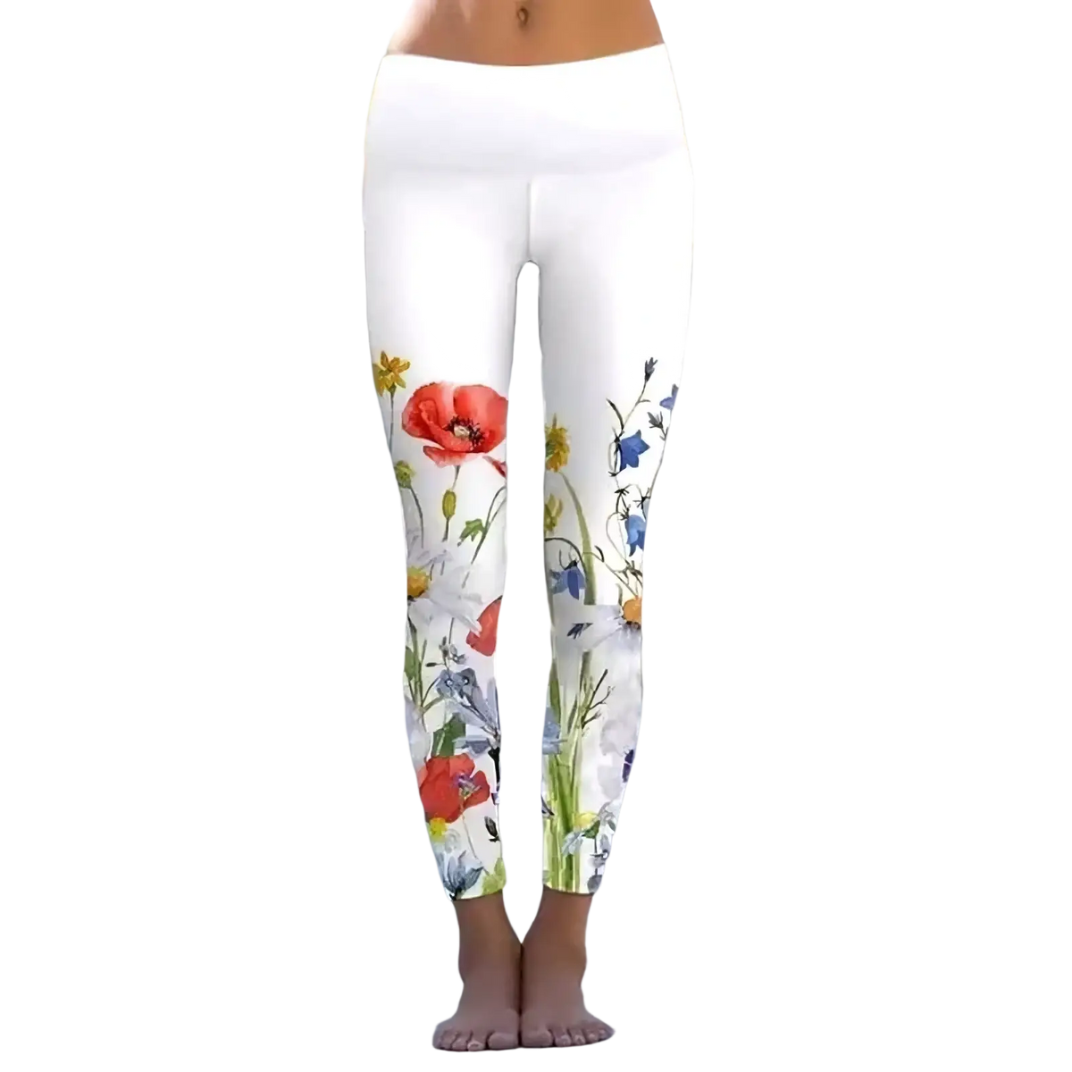 White fleece leggings with vibrant red poppies blue flowers and green stems floral print for casual wear