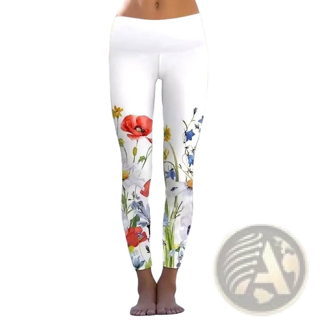 White fleece leggings with vibrant red poppies blue flowers and green stems floral print for casual wear