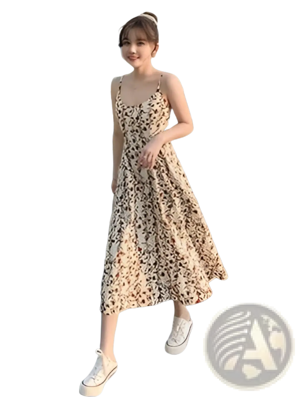 A woman wears a beige and brown leopard-print midi dress with thin spaghetti straps in a floral print halter style