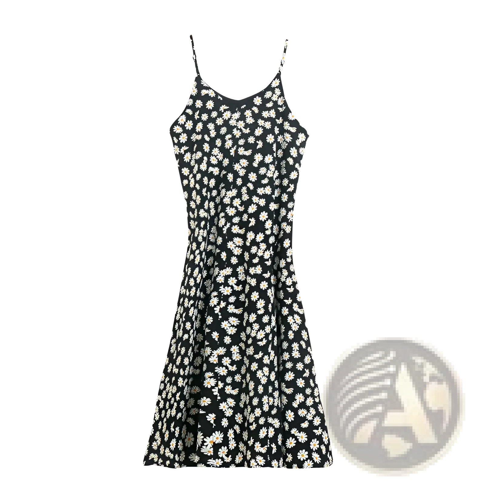 Floral print halter midi dress for women in black with white daisy print and spaghetti straps, featuring lightweight fabric