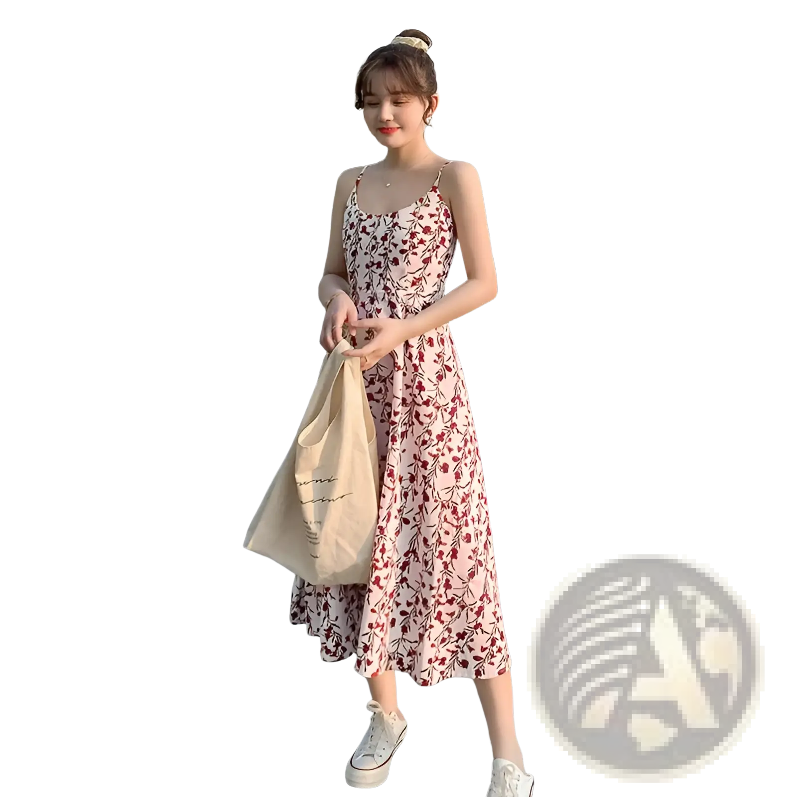 A woman wears a soft pink floral print halter midi dress with delicate red patterns and a flowing sleeveless design