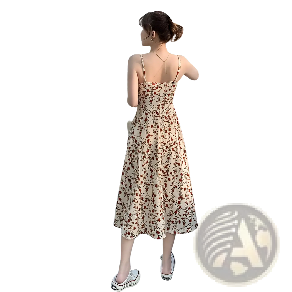 A flowing off-white floral print halter midi dress for women with delicate red and green floral motifs