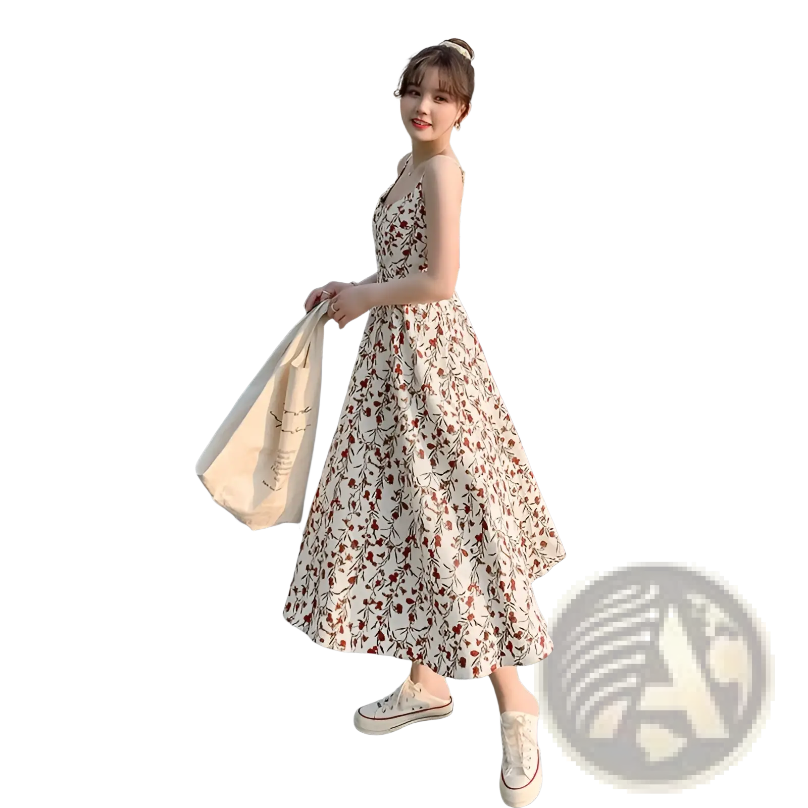 A woman wears a white floral print halter midi dress with red and green botanical designs and thin straps