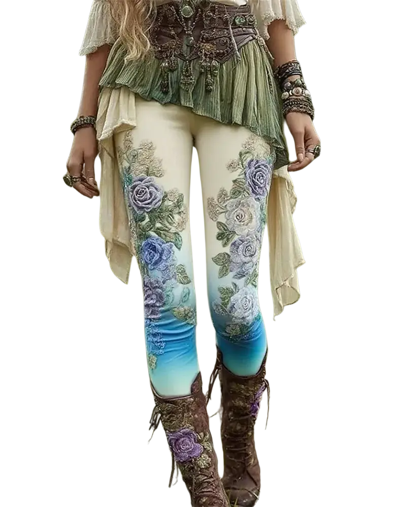 Cream-colored high waist stretchy yoga leggings with gradient blue fade and intricate purple rose floral patterns