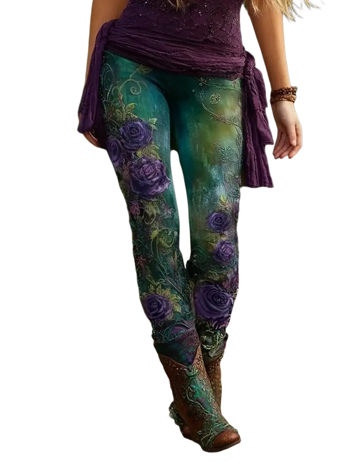 Emerald green floral print high waist stretchy yoga leggings with intricate purple rose embroidery and botanical patterns