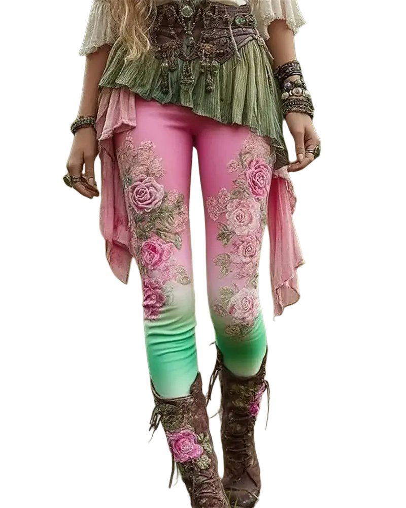 Floral print high waist stretchy yoga leggings in pink and mint green gradient with intricate rose embroidery