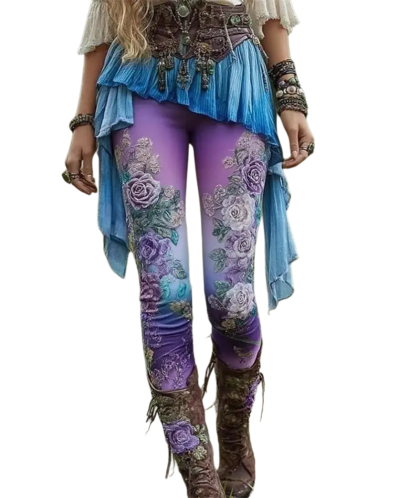 Floral print high waist stretchy yoga leggings in purple with blue gradient top and intricate rose patterns and layered fabric