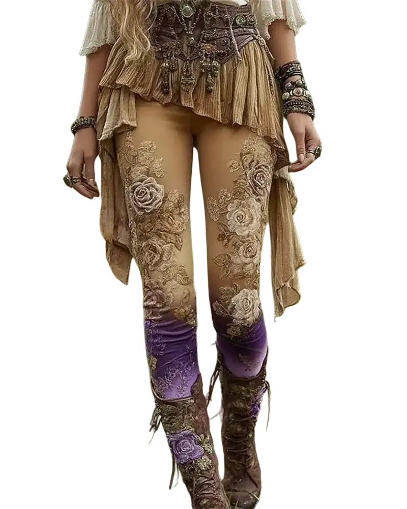 Floral print high waist stretchy yoga leggings with purple to beige gradient and floral embroidery