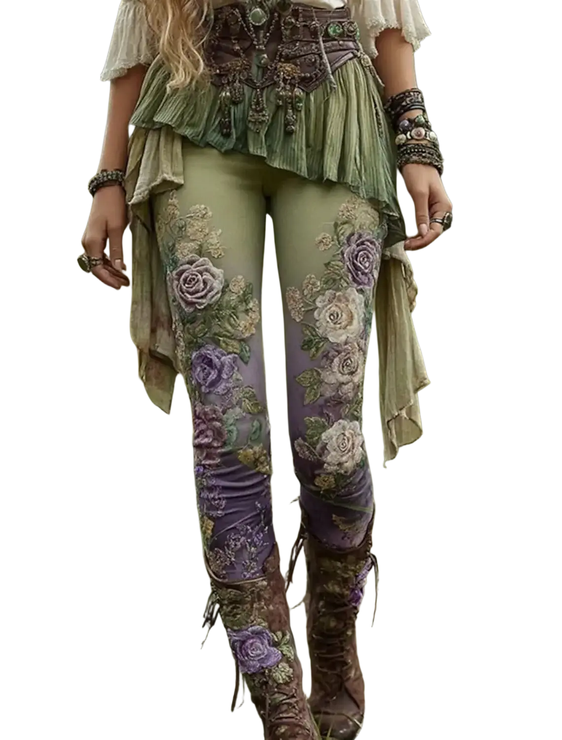Floral print high waist stretchy yoga leggings with purple and green floral embroidery in vintage bohemian design