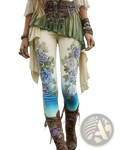 Cream-colored high waist stretchy yoga leggings with gradient blue fade and intricate purple rose floral patterns