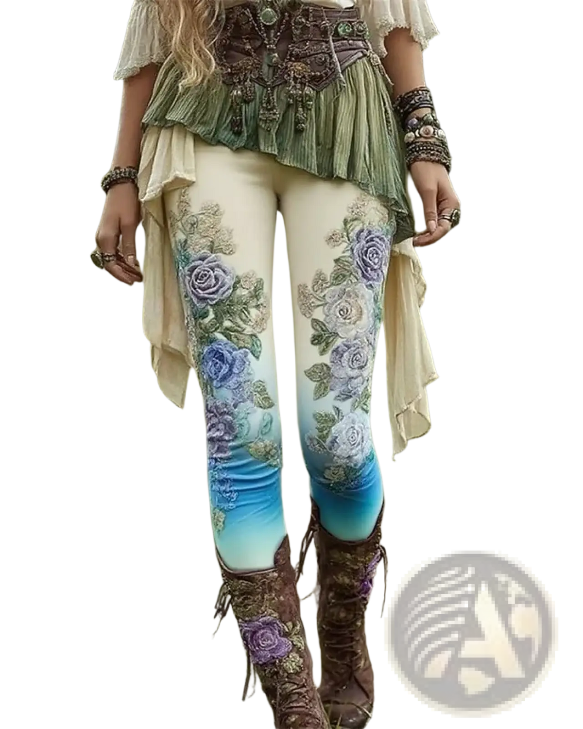 Cream-colored high waist stretchy yoga leggings with gradient blue fade and intricate purple rose floral patterns