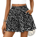Floral print high waisted a line shorts in black and white spotted fabric with a drawstring waistband