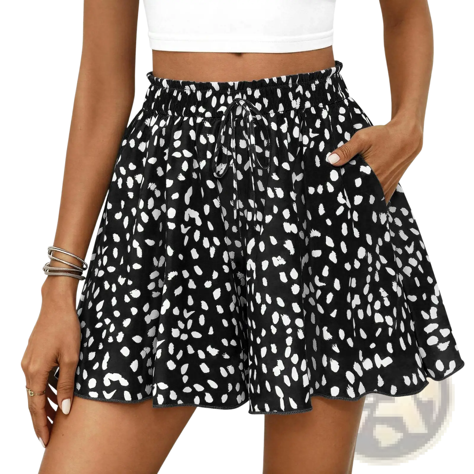 Floral print high waisted a line shorts in black and white spotted fabric with a drawstring waistband