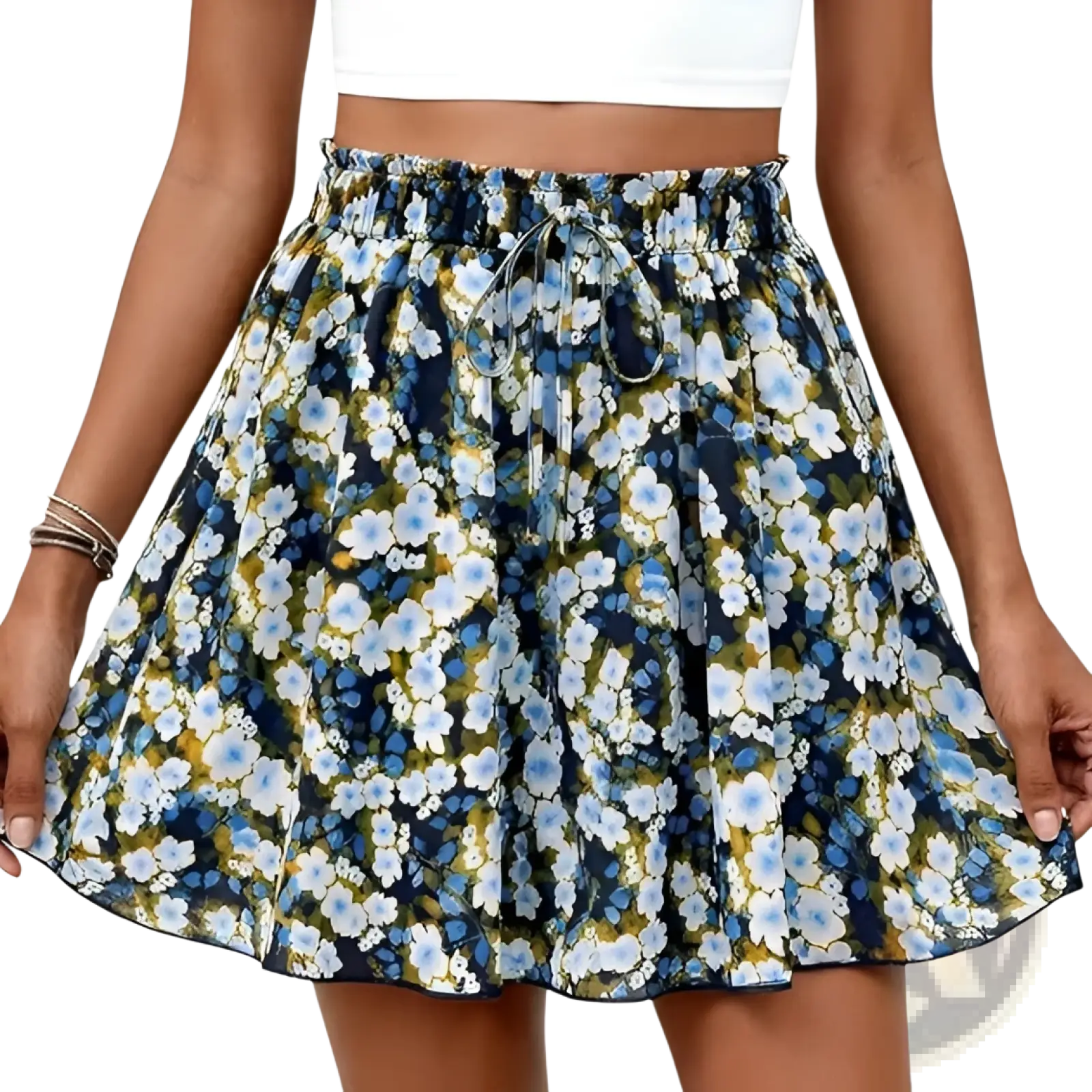 Floral print high waisted a line shorts with elastic waistband and drawstring featuring blue white and yellow flowers on navy background