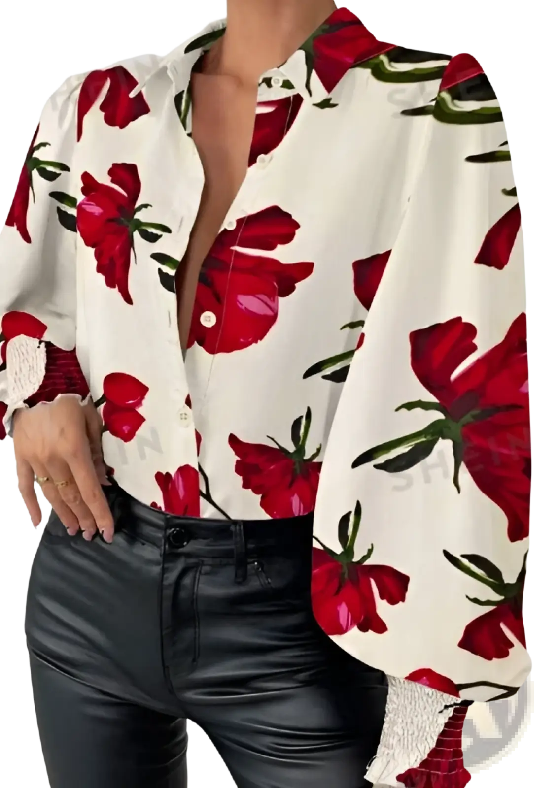 A woman wears a white blouse with bold red floral print, lantern sleeves, and lace-trimmed cuffs floral print lantern sleeve ruffled blouse