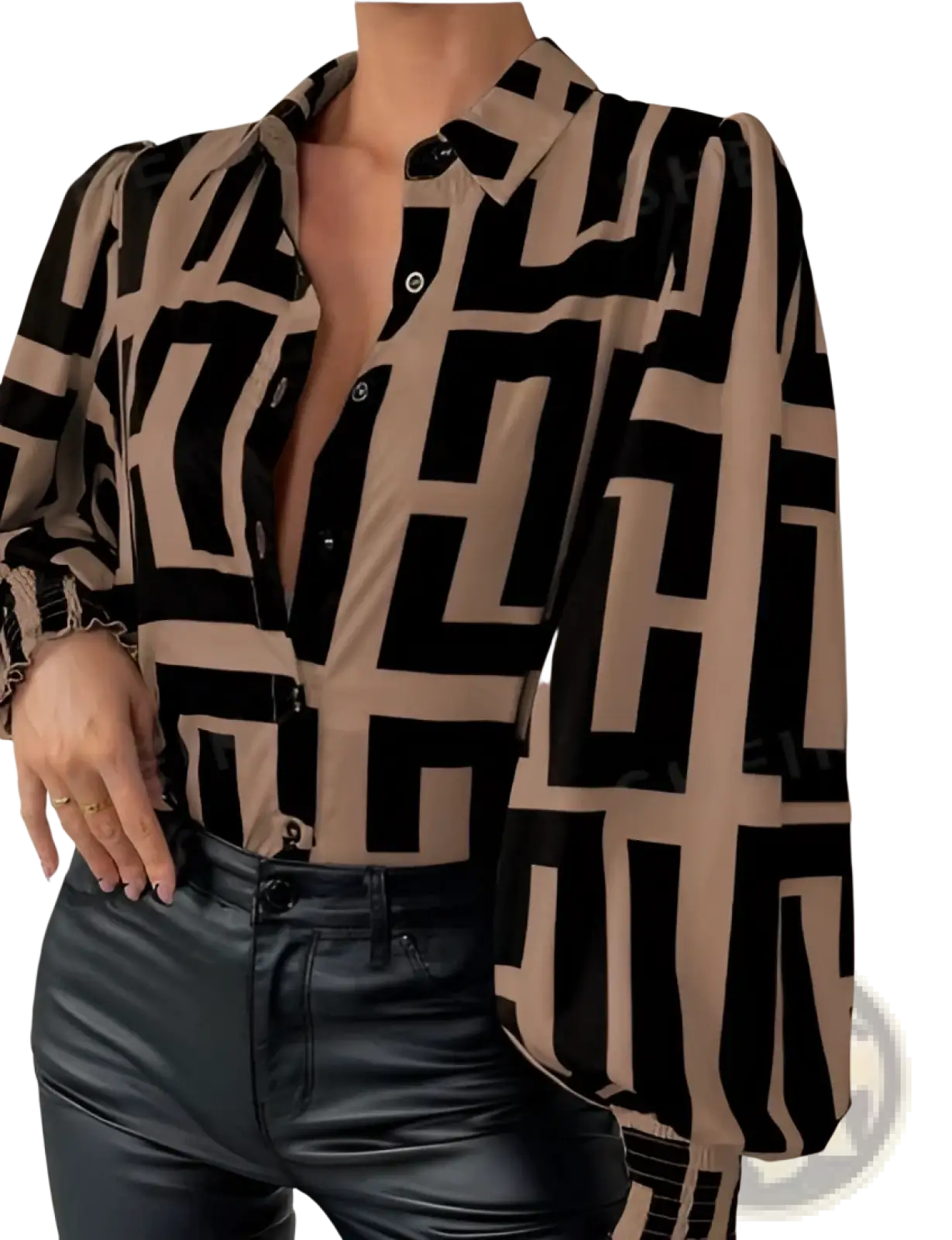 A stylish beige and black geometric patterned long sleeve button up blouse with ruffled cuffs and floral print accents