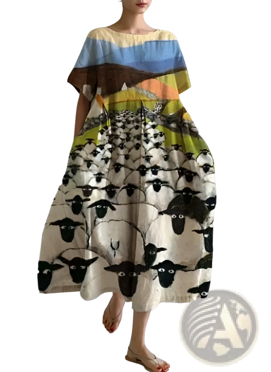 Floral print a-line plus size linen maxi dress in off-white with colorful landscape print featuring black sheep and brown hills