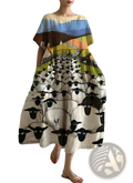 Floral print a-line plus size linen maxi dress in off-white with colorful landscape print featuring black sheep and brown hills