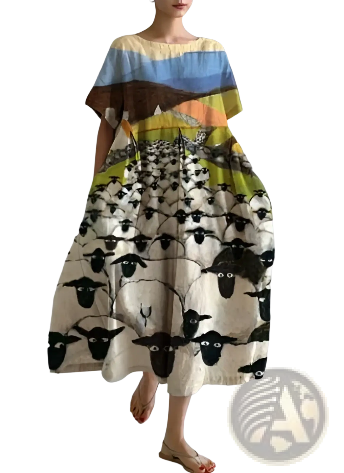 Floral print a-line plus size linen maxi dress in off-white with colorful landscape print featuring black sheep and brown hills