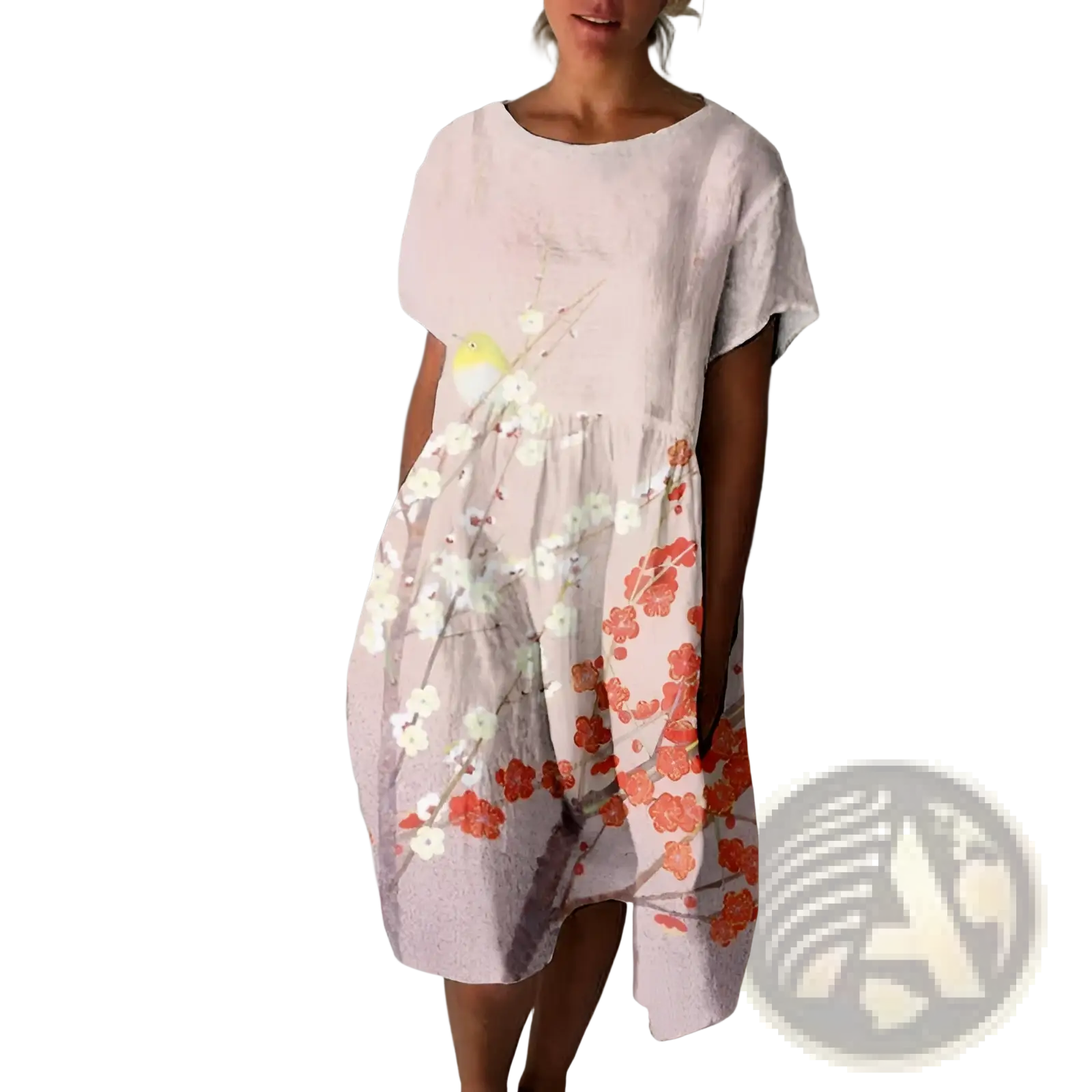 A soft pink plus size linen maxi dress with a floral print and a yellow bird accent on the branches