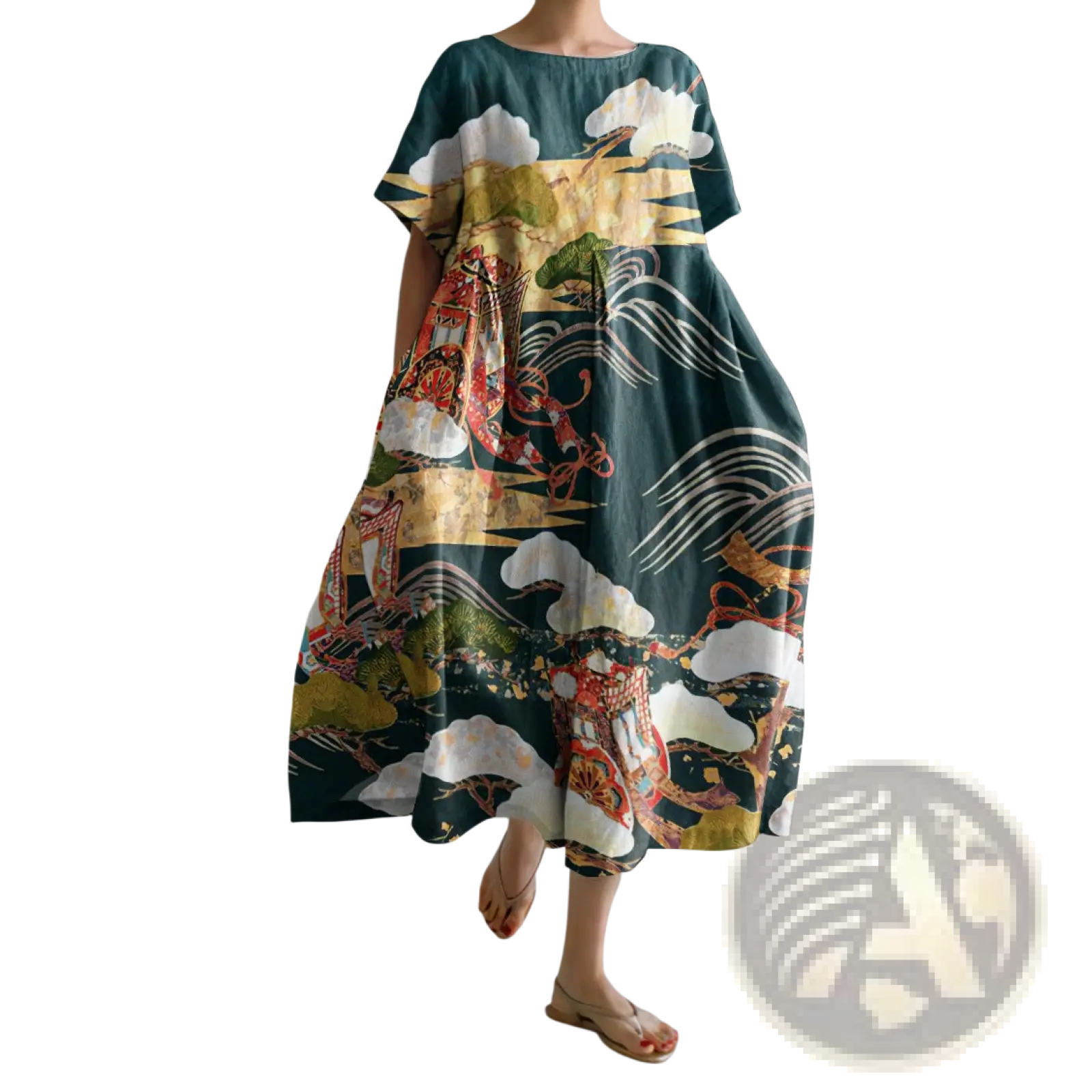 A flowing dark green plus size linen maxi dress with vibrant traditional japanese dragon and wave print in gold and red