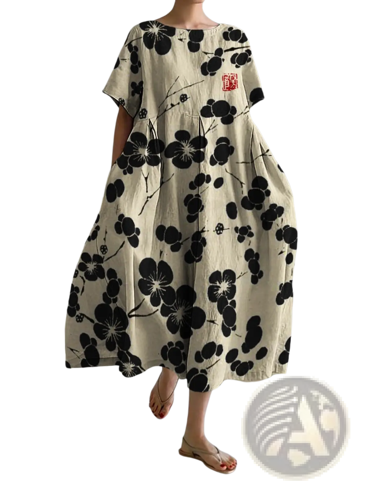Beige linen plus size a-line maxi dress with black floral print and red embroidered chest patch