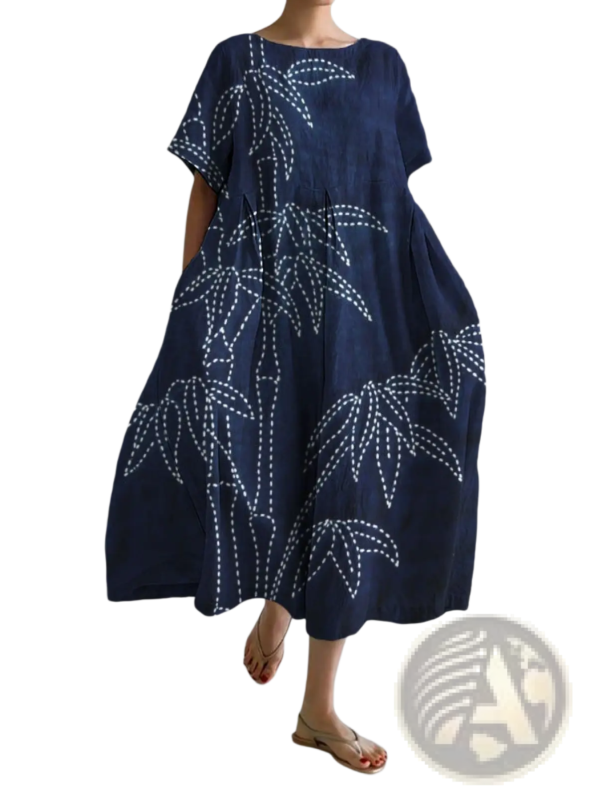 A navy blue plus size linen maxi dress with a loose silhouette short sleeves and white embroidered bamboo pattern