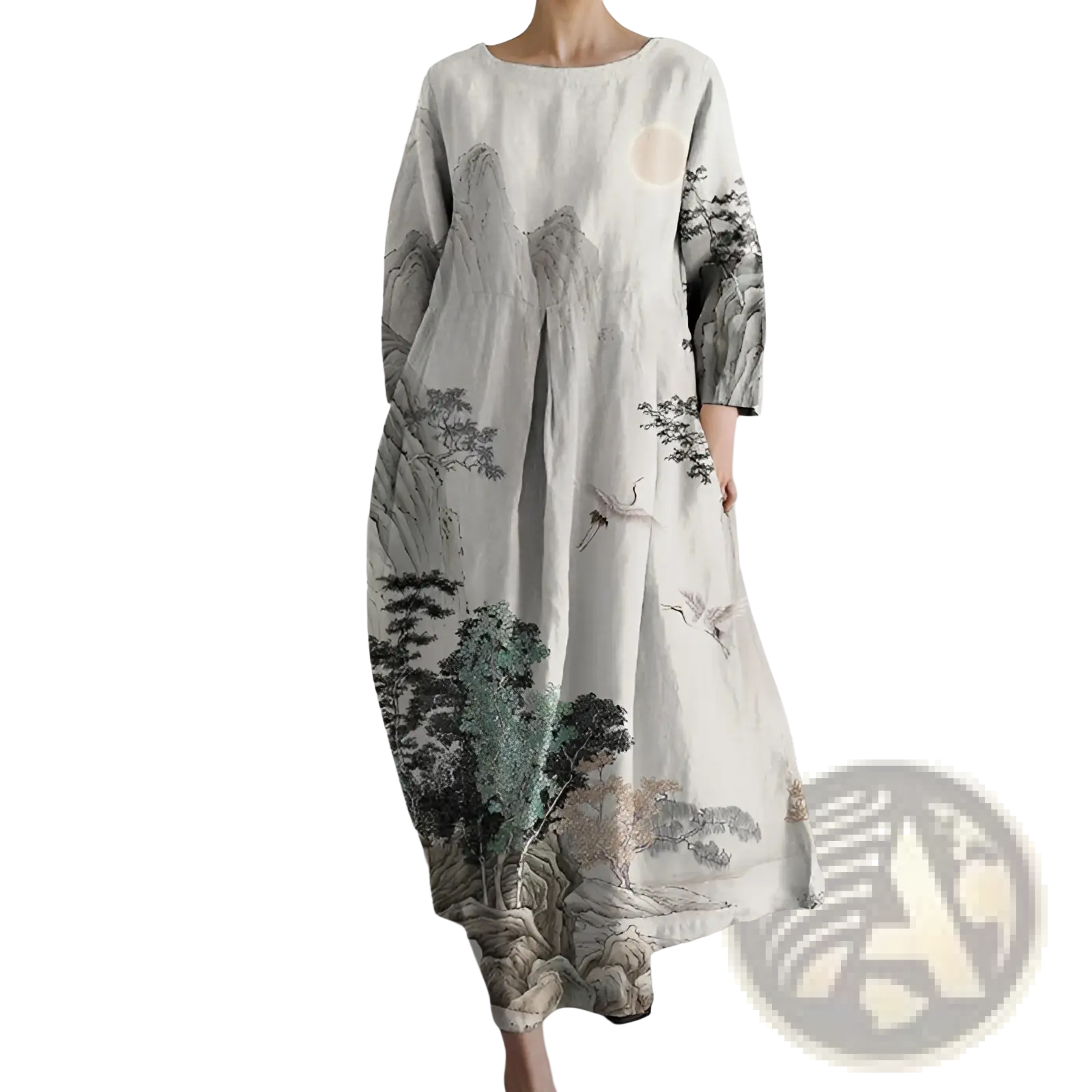 Floral print a-line plus size linen maxi dress in off-white with traditional chinese landscape ink-wash design