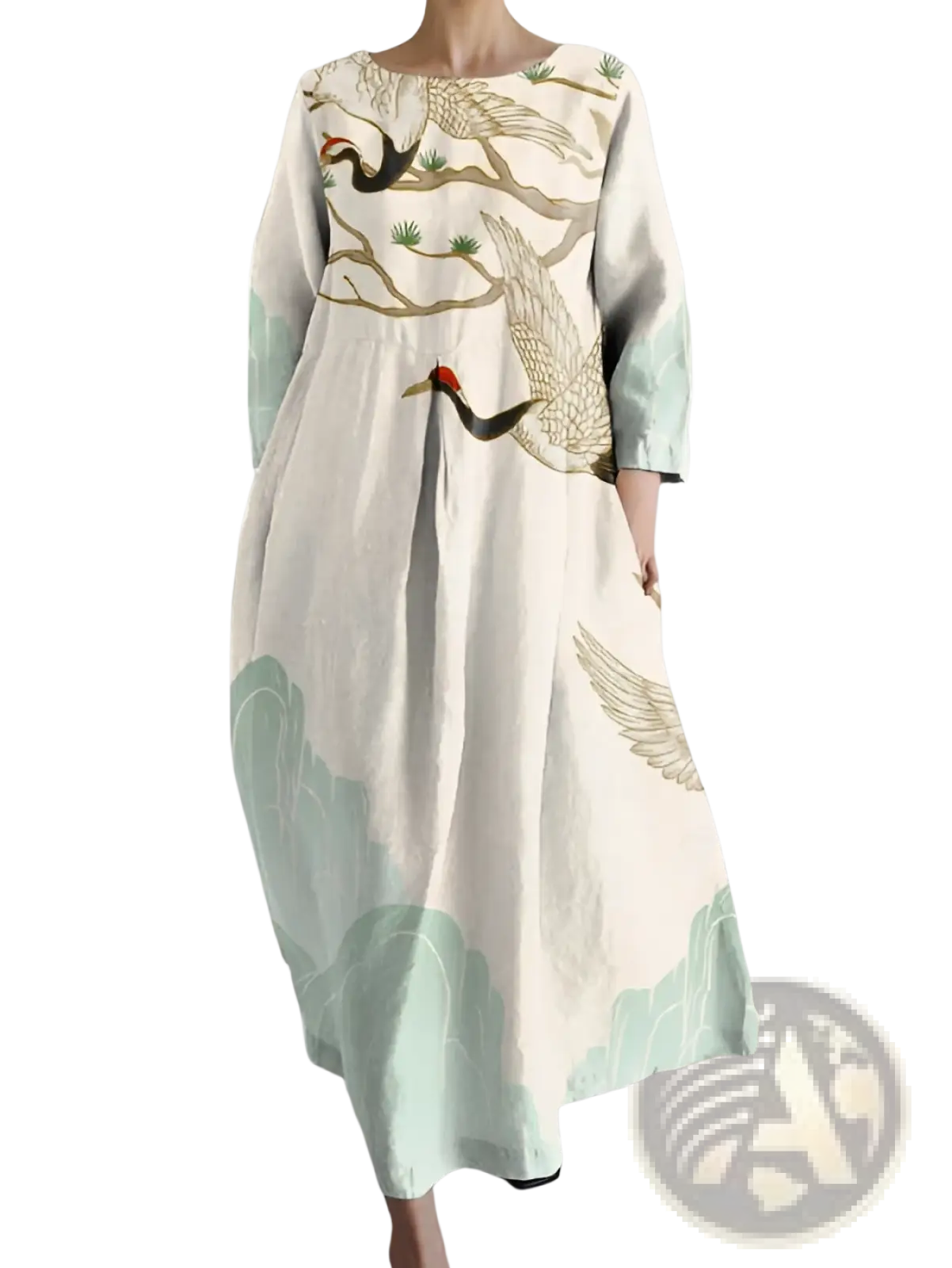 A flowing off-white linen maxi dress with an a-line floral print featuring embroidered cranes and pine branches in sage green