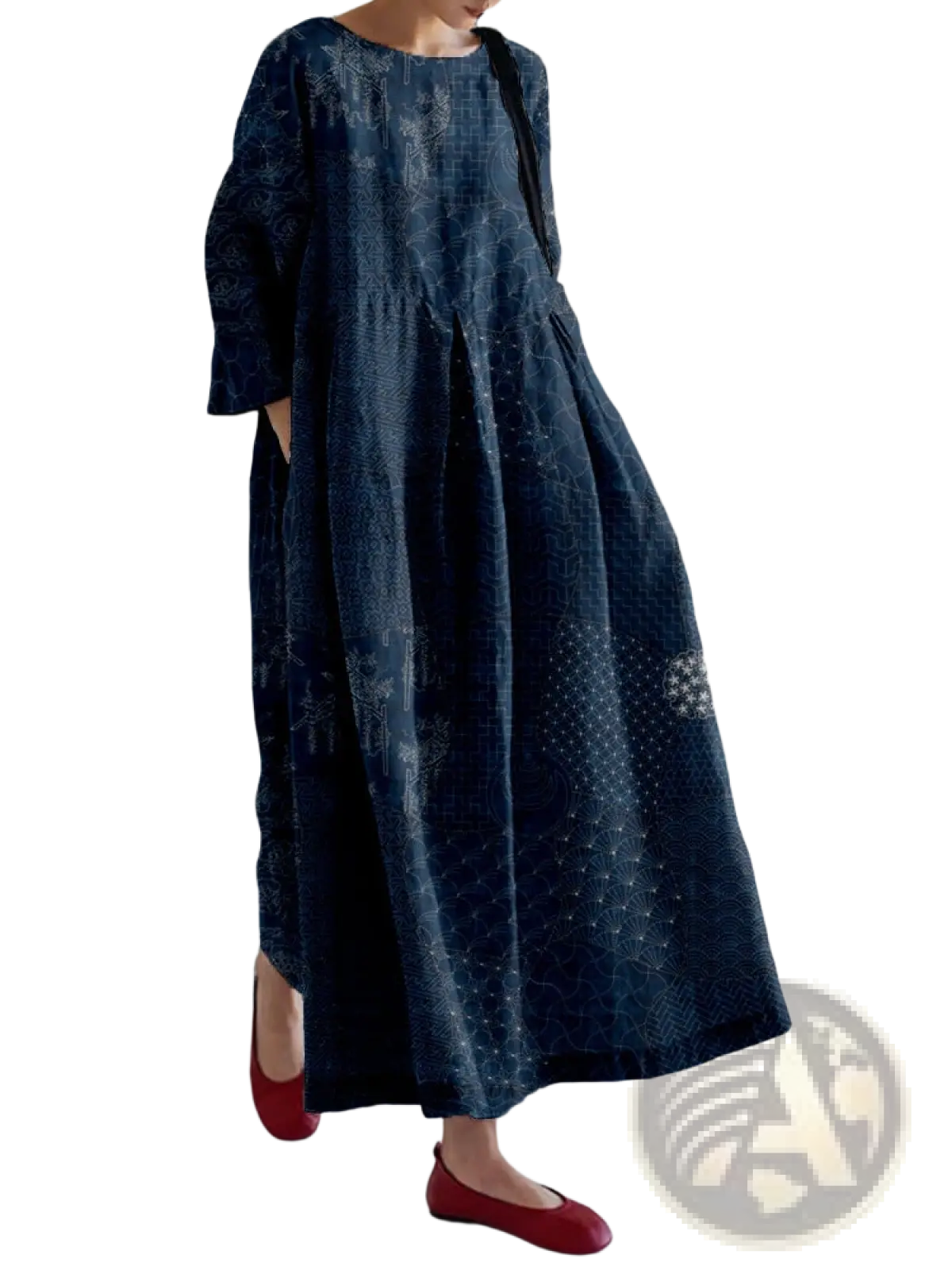 A navy blue floral print a-line plus size linen maxi dress with long sleeves and a pleated skirt floor-length design