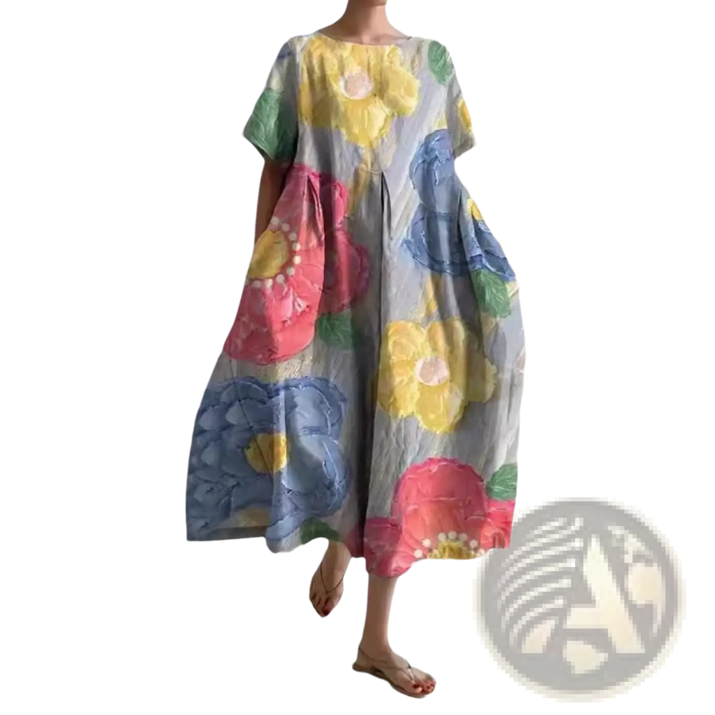 A flowing light gray linen floral print a-line plus size maxi dress with oversized yellow pink and blue flowers