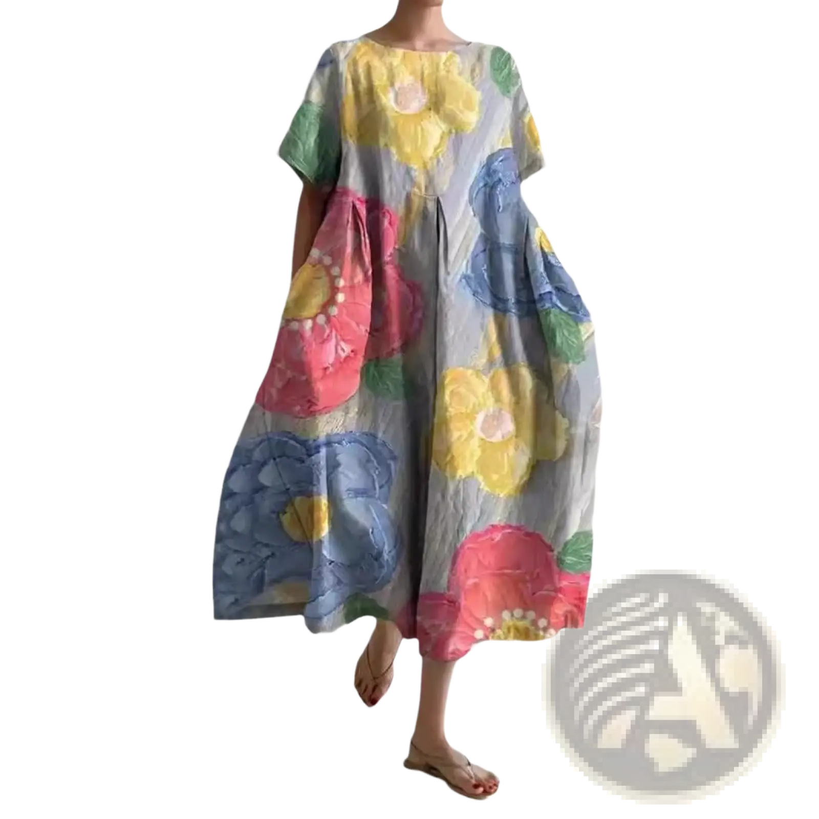 A flowing light gray linen floral print a-line plus size maxi dress with oversized yellow pink and blue flowers