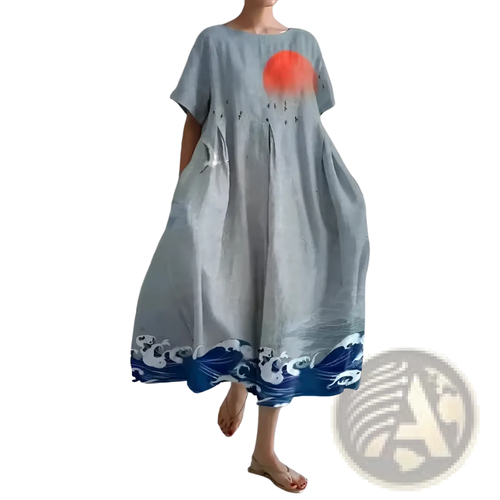 Light blue linen floral print plus size a-line maxi dress with vibrant orange sun and navy blue ocean waves at hem