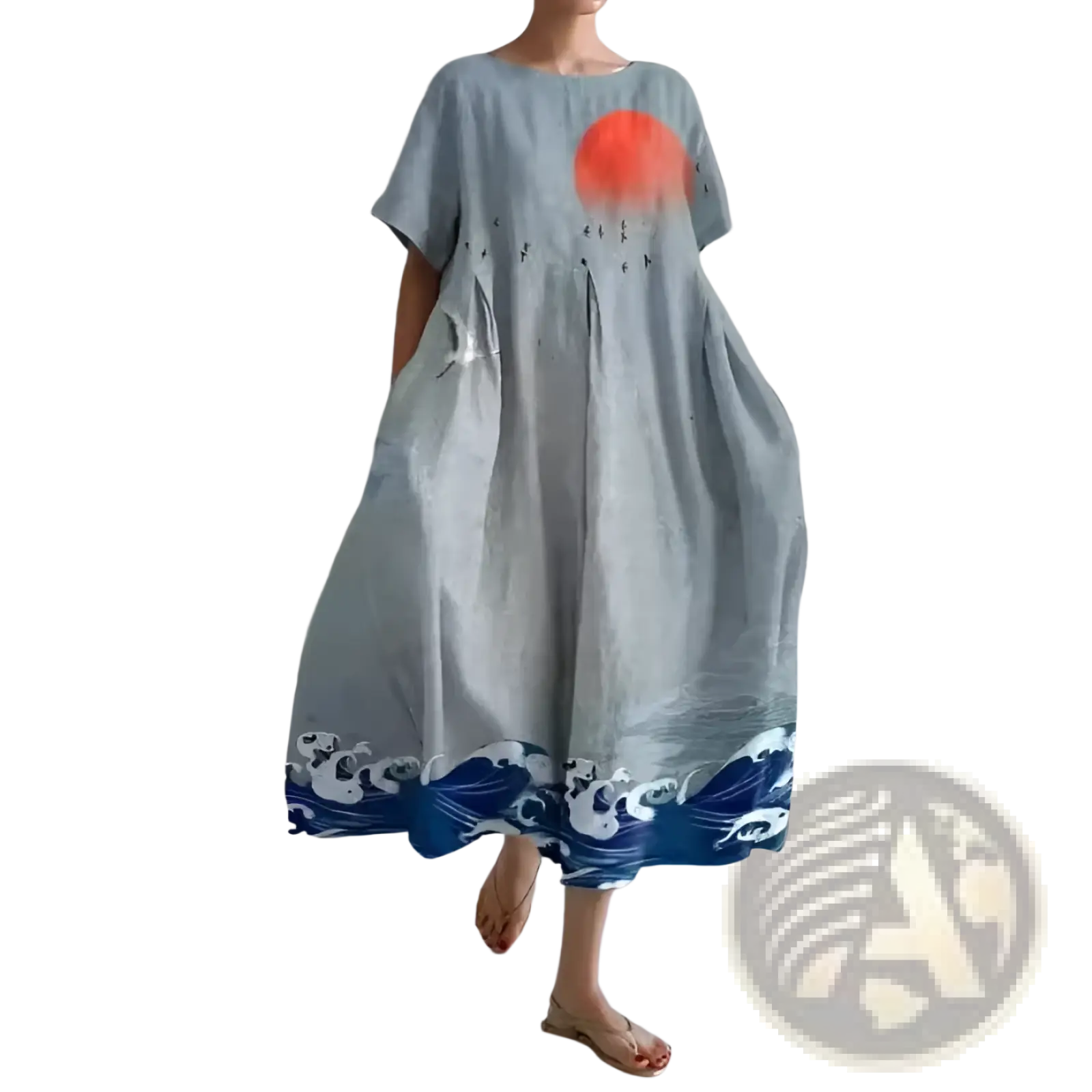 Light blue linen floral print plus size a-line maxi dress with vibrant orange sun and navy blue ocean waves at hem
