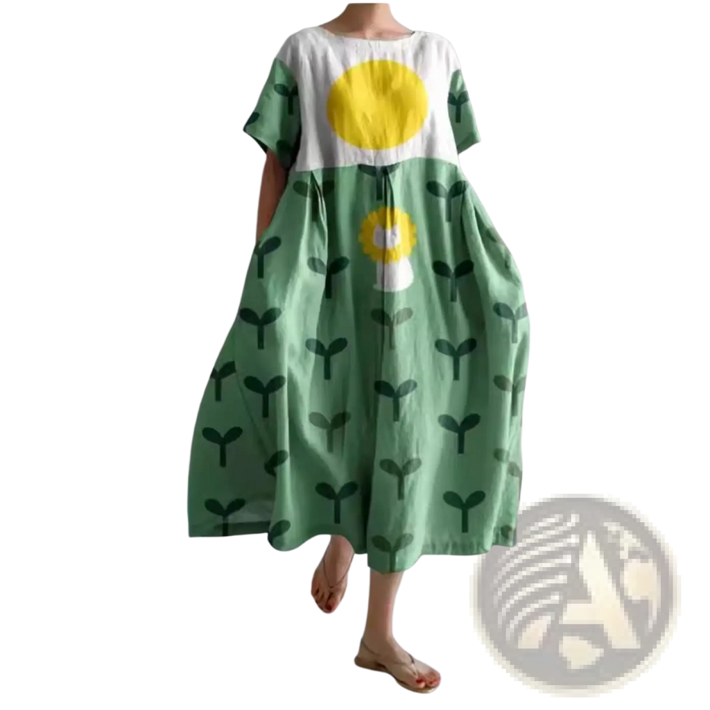 Floral print a-line plus size linen maxi dress in soft green with cheerful sun and sprout pattern and off-white upper section