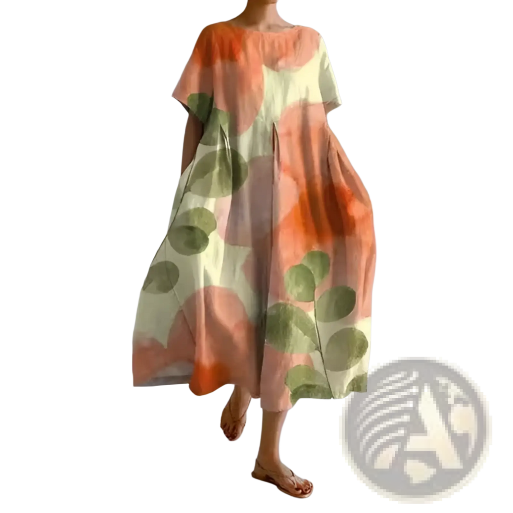 A flowing plus size linen maxi dress in cream with abstract orange and olive green circular floral print