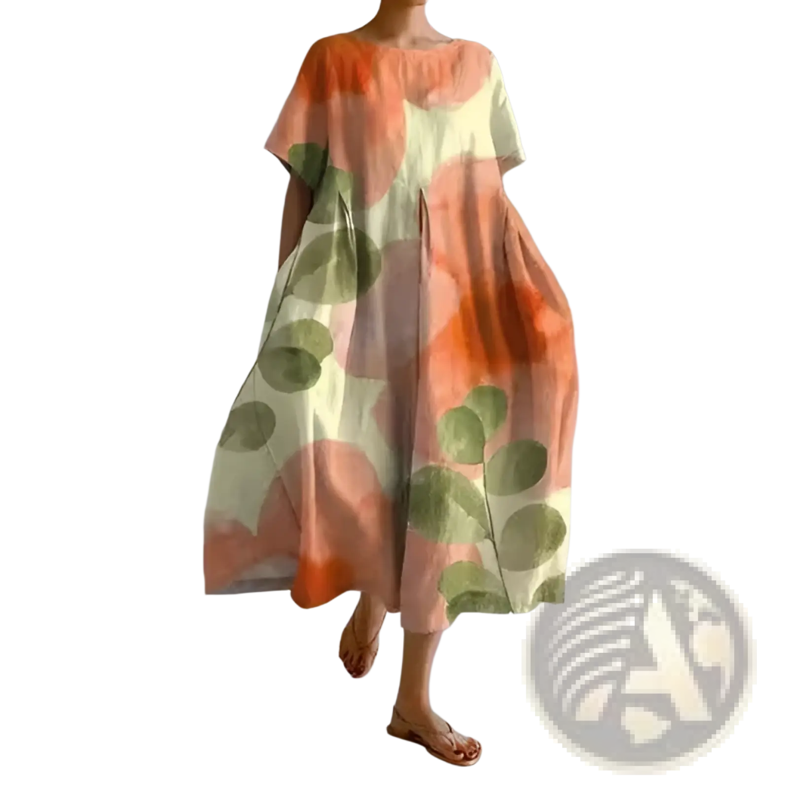 A flowing plus size linen maxi dress in cream with abstract orange and olive green circular floral print