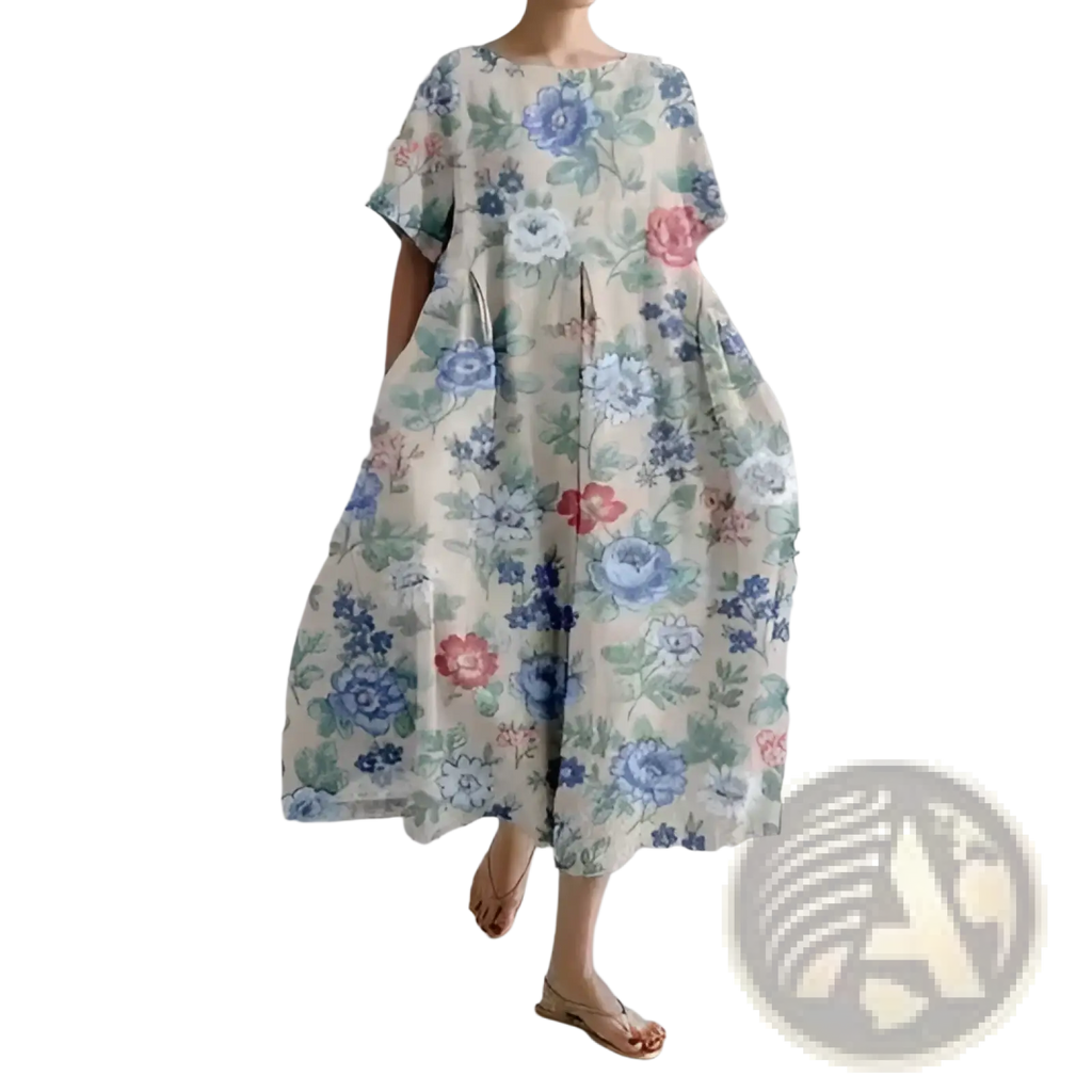 A flowing off-white linen a-line plus size maxi dress with delicate blue pink and green floral print