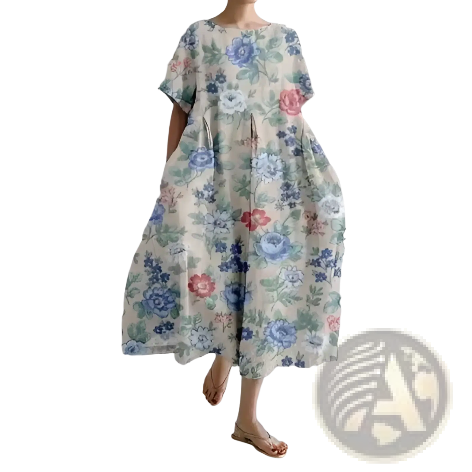 A flowing off-white linen a-line plus size maxi dress with delicate blue pink and green floral print