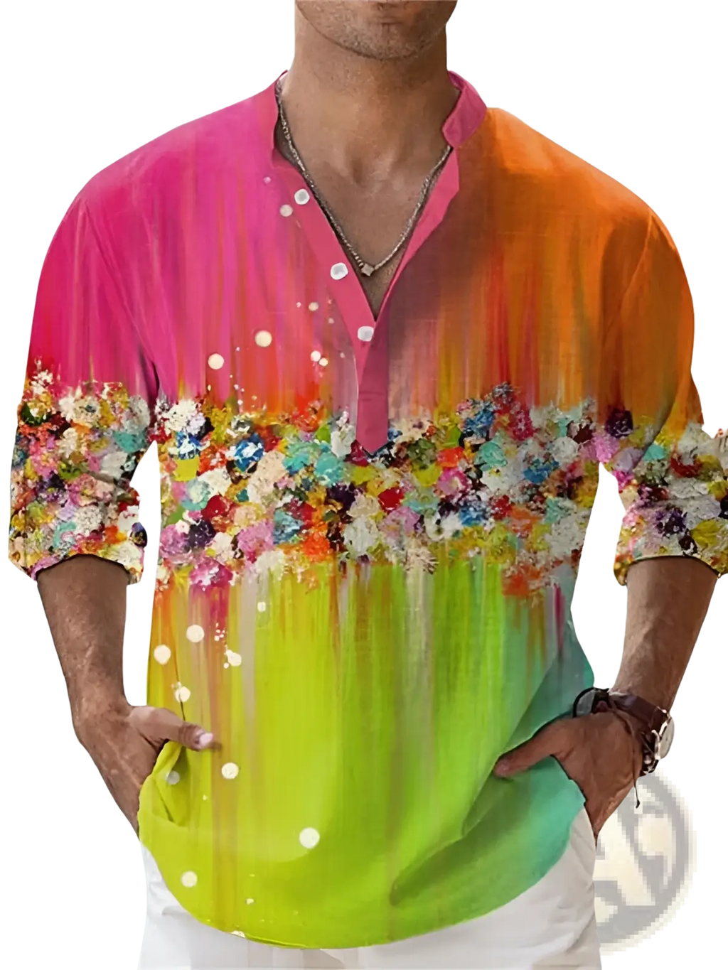 Vibrant gradient-colored floral print linen shirt with v neck and rolled-up sleeves for summer pullover use