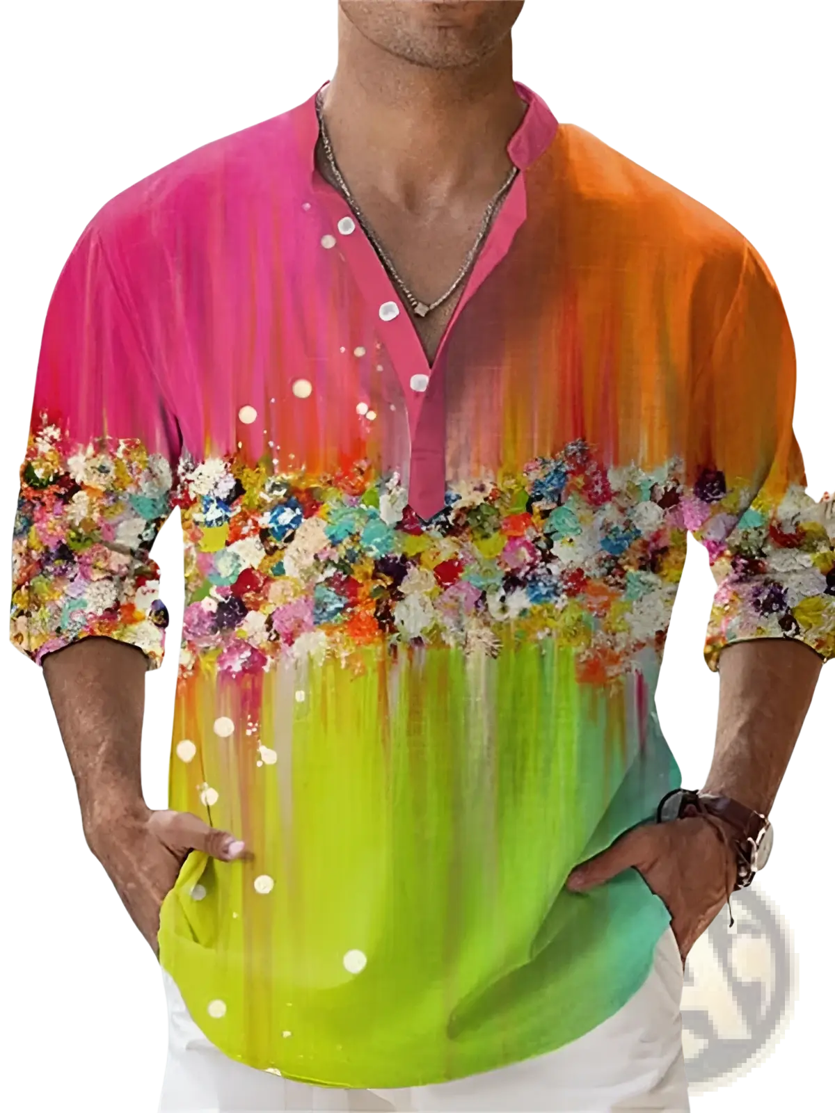 Vibrant gradient-colored floral print linen shirt with v neck and rolled-up sleeves for summer pullover use