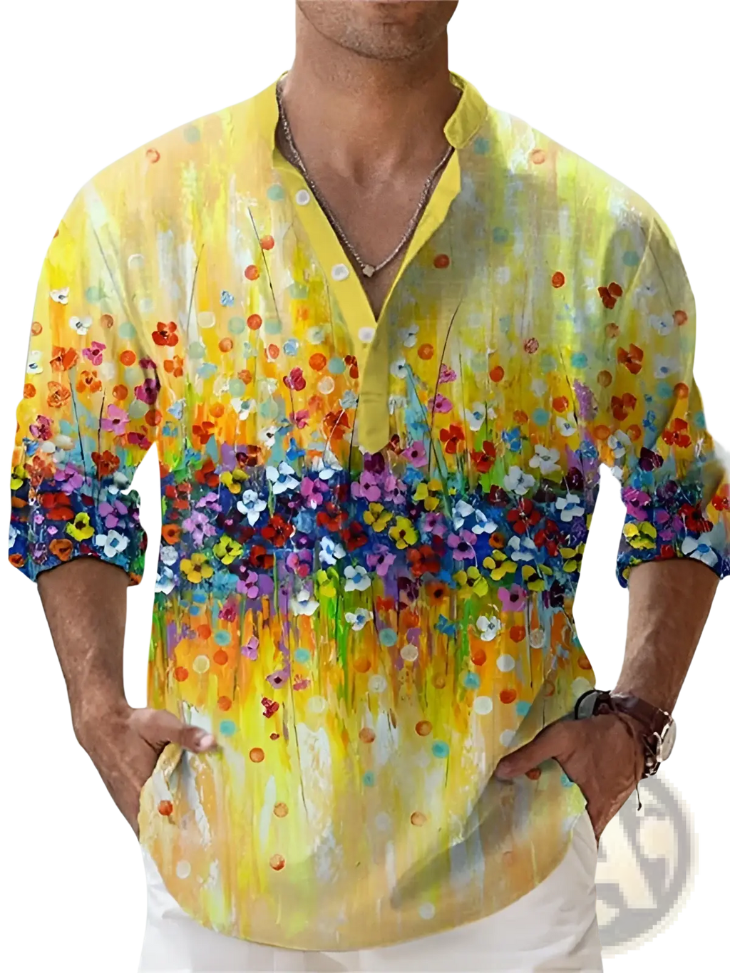 Vibrant yellow floral print linen shirt with colorful blossoms abstract paint splashes v-neck collar rolled-up sleeves