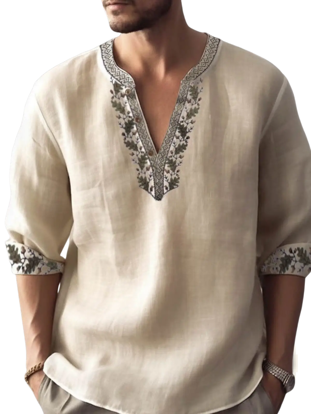 Beige linen floral print v neck summer pullover shirt with intricate black and gray embroidery along neckline and cuffs
