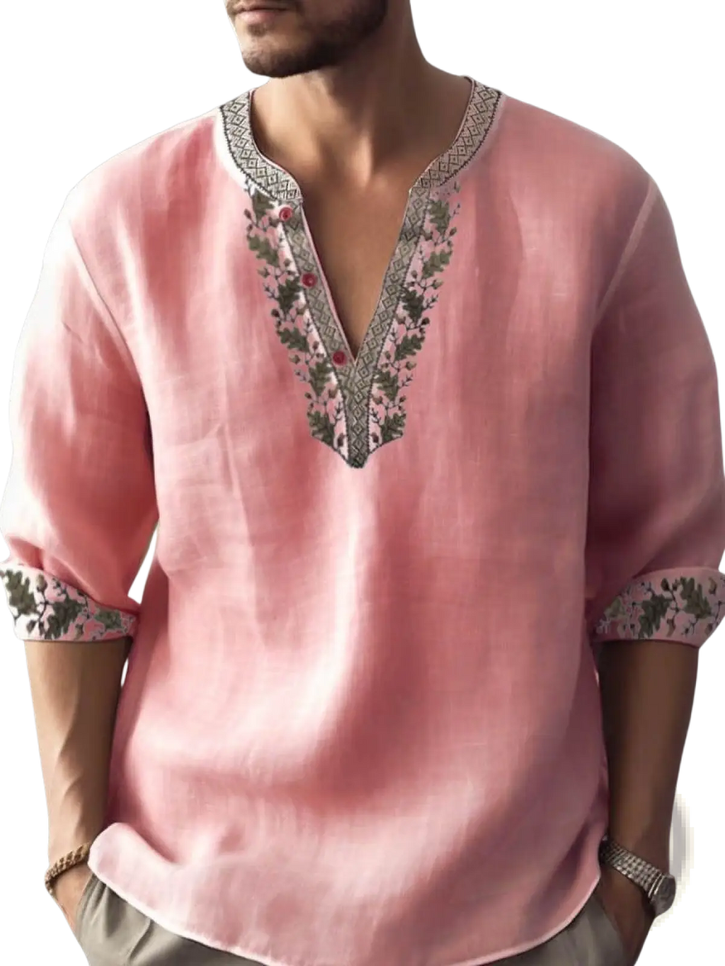 A soft pink floral print linen shirt v neck summer pullover with green gray embroidery and red button accents