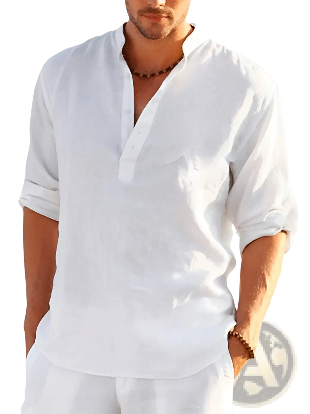 White linen shirt with a v-neck and rolled-up sleeves perfect for summer pullover wear with a floral print design
