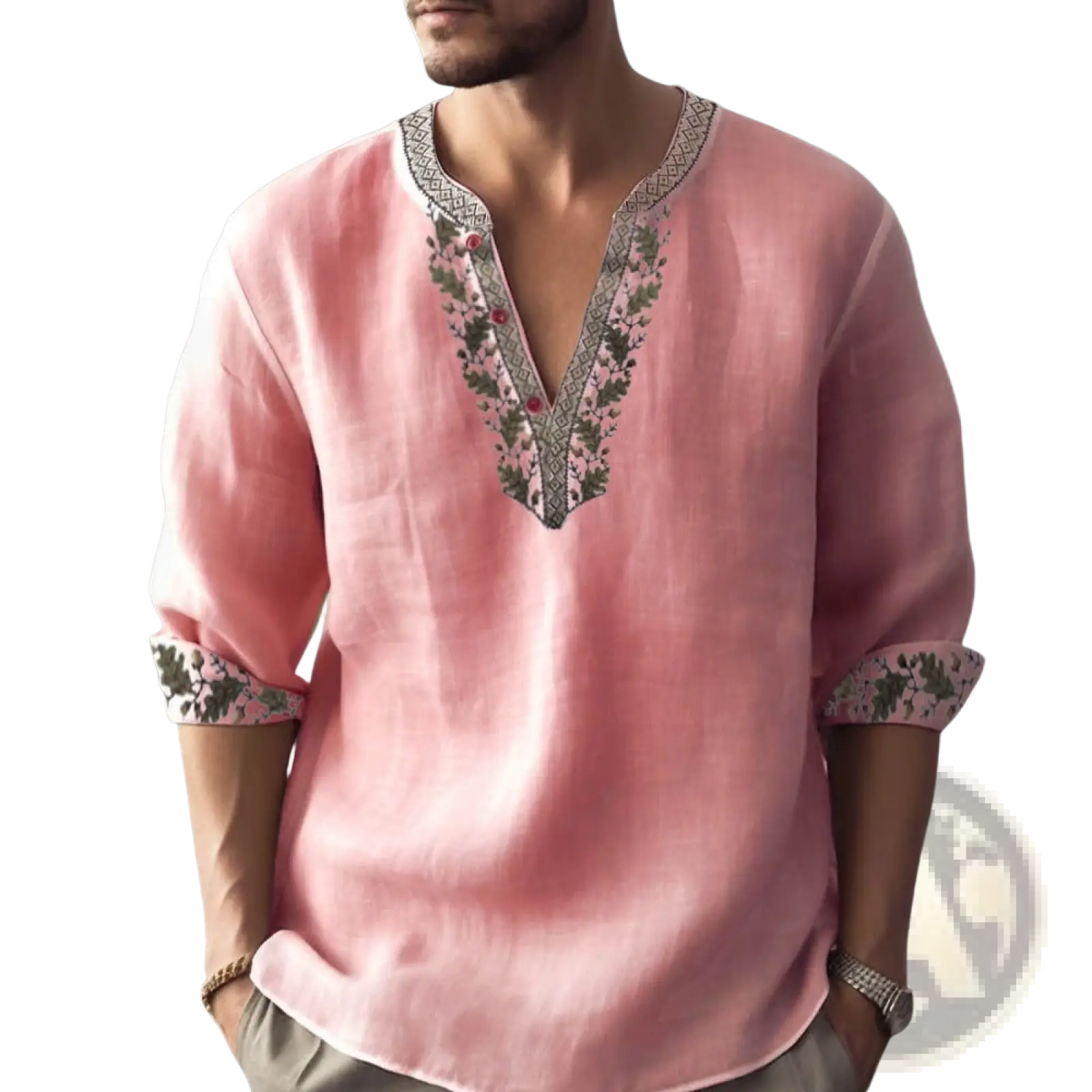 A soft pink floral print linen shirt with v neck and green gray embroidered detailing for summer pullover